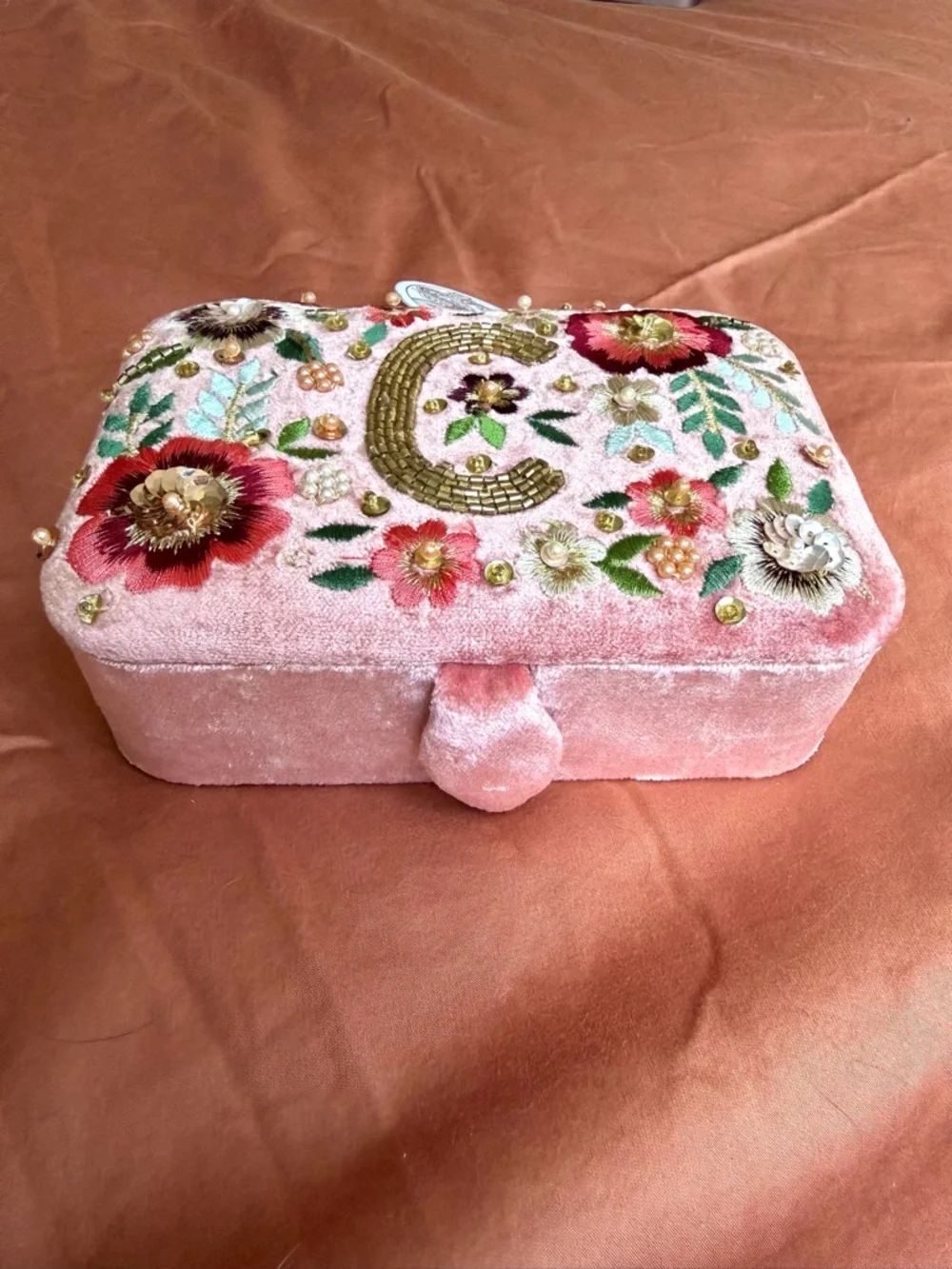 Pink Floral Embellished Jewelry Box with Gold 'C' Accent